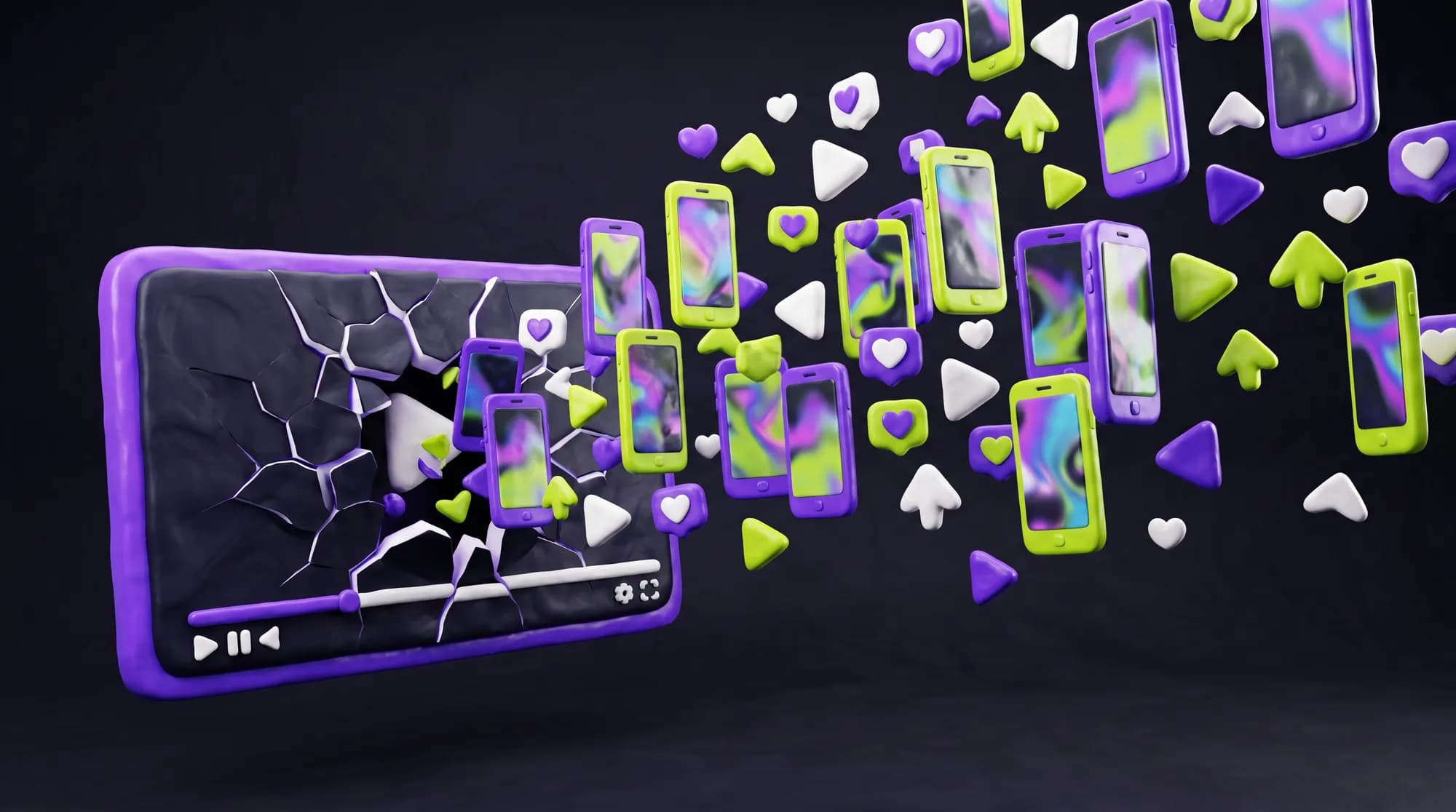 Grafik: Ein langes Video wird in viele kurze Hochformat-Clips zerlegt, die sich auf Smartphones verteilen und Reichweite erzeugen.